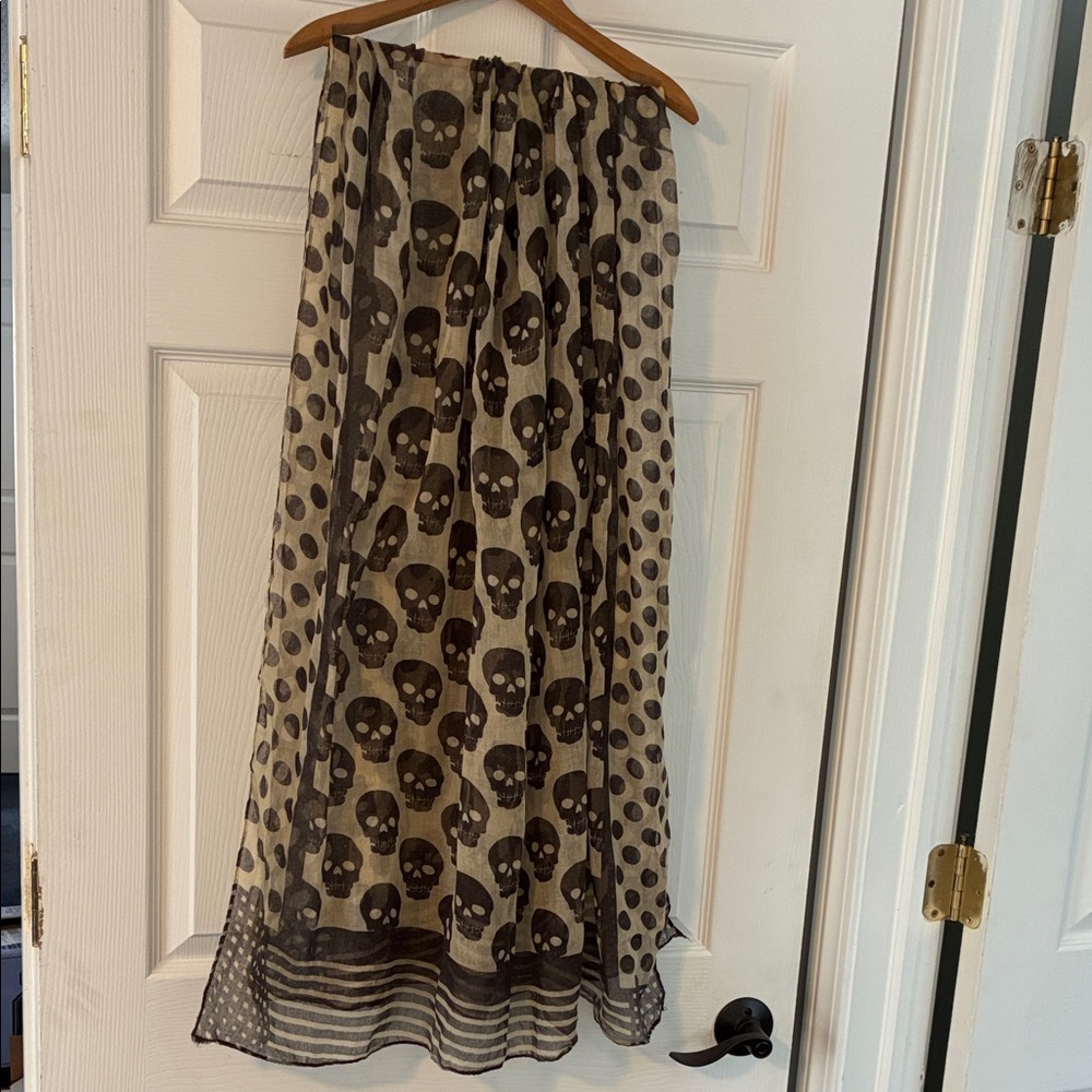 Black & Cream Head Wrap Scarf Shawl Skulls Dots Sheer Fabric